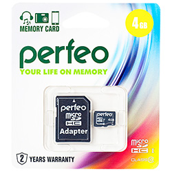 Карта памяти Perfeo MicroSD 4Gb 10 класс + адаптер