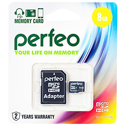 Карта памяти Perfeo MicroSD 8GB 4 класс + адаптер